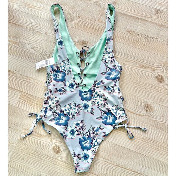 New PacSun Lace Up Floral One Piece Swimsuit | Blue Size Small - Picture 3 of 4